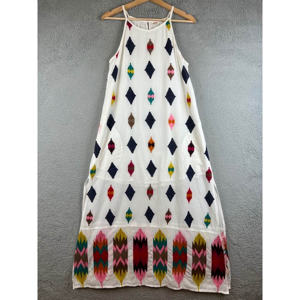 Dolma Women White Cotton Embroidered Diamond Ikat Maxi Dress Sleeveless Pocket S